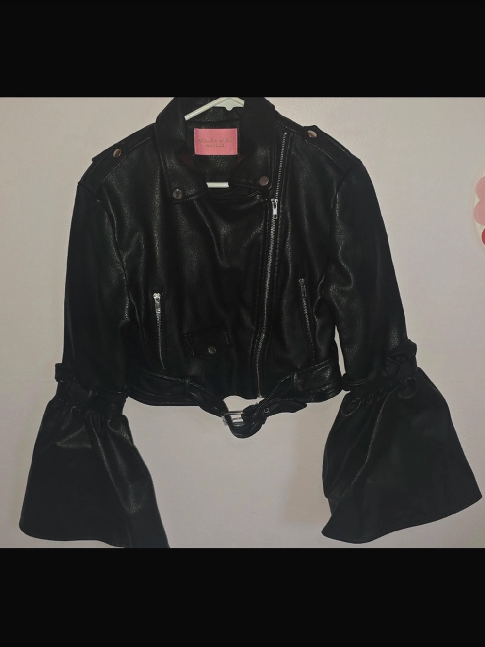 Black Faux Leather Bell-Sleeve Moto Jacket by Azalea Wang